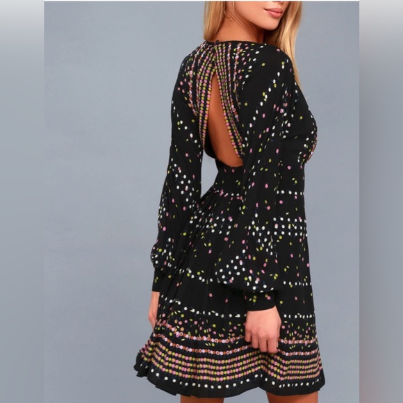 Free People Coryn Mini Dress Black Printed Open Back Long Sleeve Size 2 - Picture 5 of 15